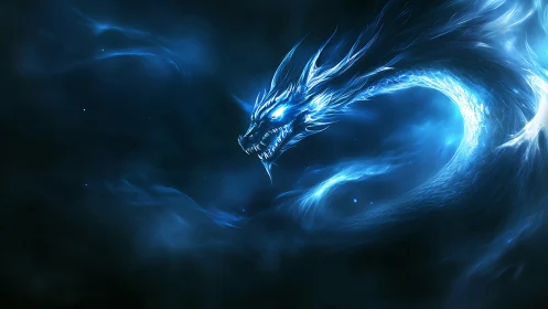 Glowing blue energy dragon coils through dark abstract space
