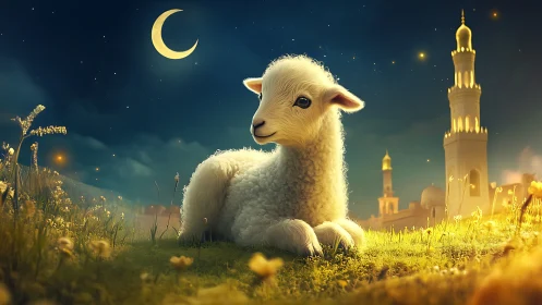 Gentle lamb rests under crescent moon by glowing minarets