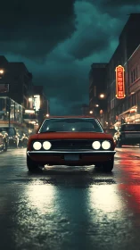 Red muscle car cuts through wet neon city street at night