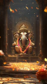 Golden temple ganesha throned in drifting petals of light.