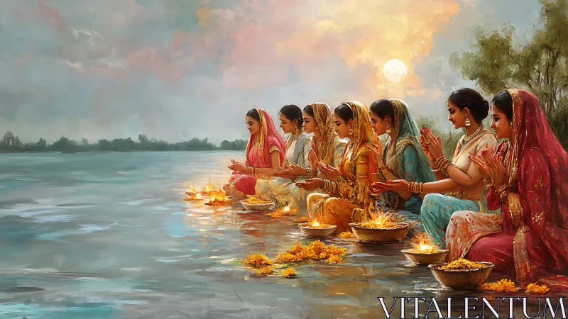 Women in Traditional Attire Performing River Ritual at Sunset, Impressionist Style.