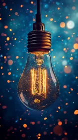 Glowing filament bulb hangs against vibrant bokeh field