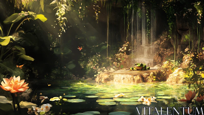 Sunlit lily pond with waterfall and contemplative frog.