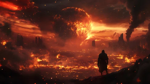 Lone wanderer under collapsing inferno worldscape.