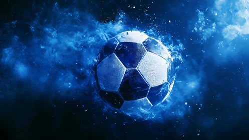 Soccer ball in blue liquid explosion on dark background.