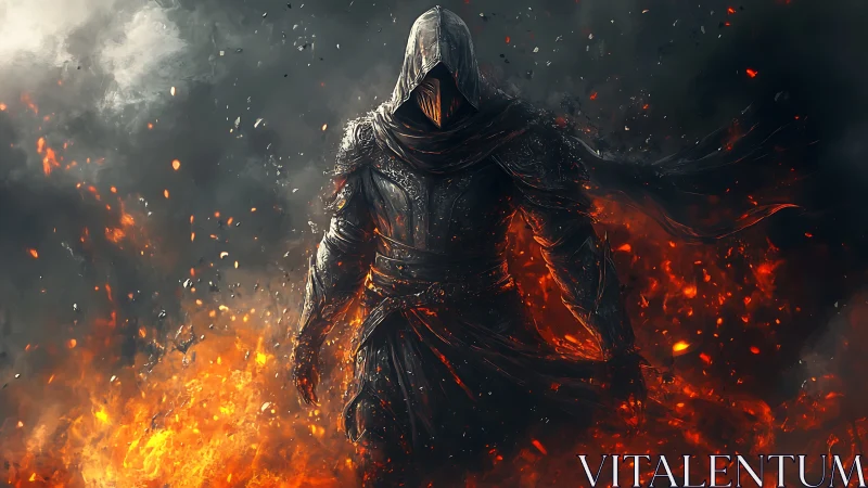 Mysterious fire warrior emerging from swirling embers and ash.