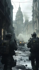 Armed soldiers advance through war‑damaged European city street