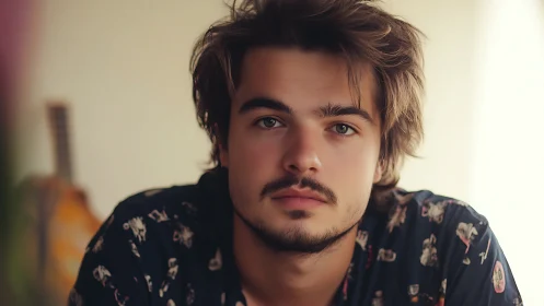 Soft-focus portrait of contemplative young man indoors.