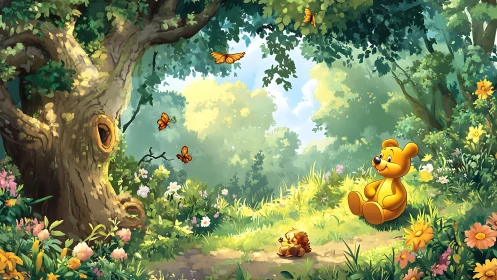 Toy bear under forest tree with butterflies and flowers.