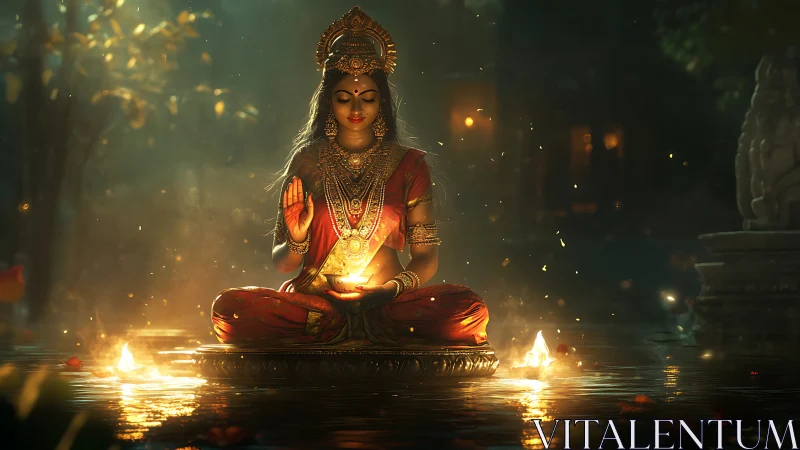 Golden serenity of a radiant goddess on glowing waters.