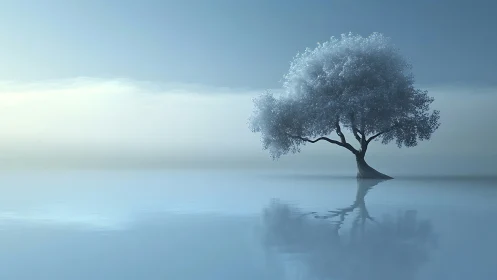 Solitary frostlit tree rises from still reflective water