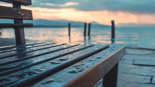 Quiet lakeside bench after rain beneath soft evening sky.