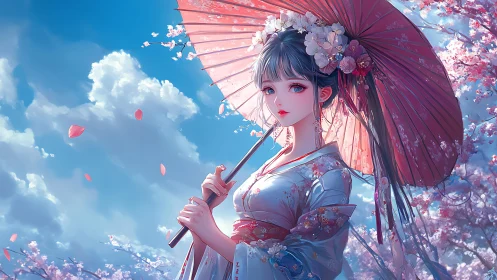 Anime woman in kimono with parasol under cherry blossoms.