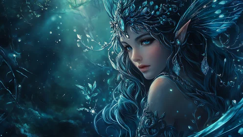 Enchanted moonlit elf princess shimmering in deep teal glow.