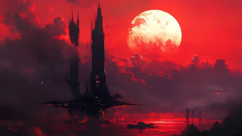 Bloodred moon crowns a hovering fortress above ember seas