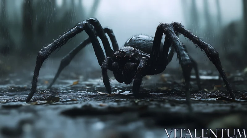 Photorealistic macro study of a black spider in rainfall.