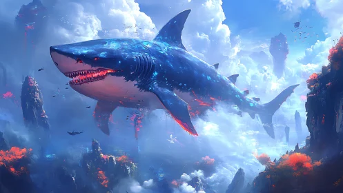 Colossal sky shark glides through neon cloud canyons.