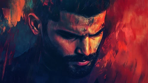 Moody digital portrait of a pensive man in intense colors.