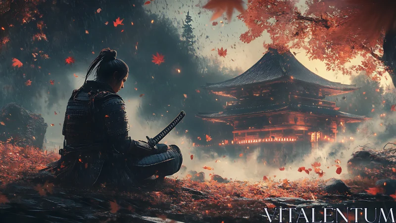 Solitary samurai in autumn mist before illuminated temple.