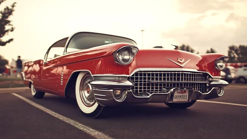 Red classic Cadillac parked in open outdoor lot at dusk.