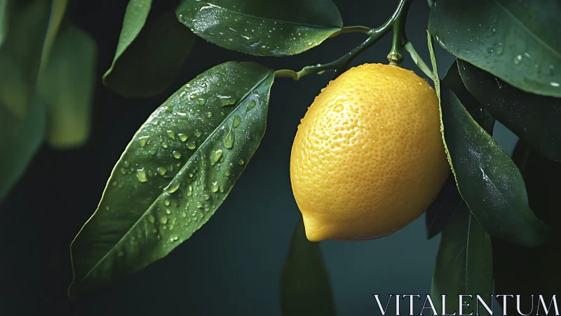 Photorealistic lemon macro with hydrated foliage and specular light.
