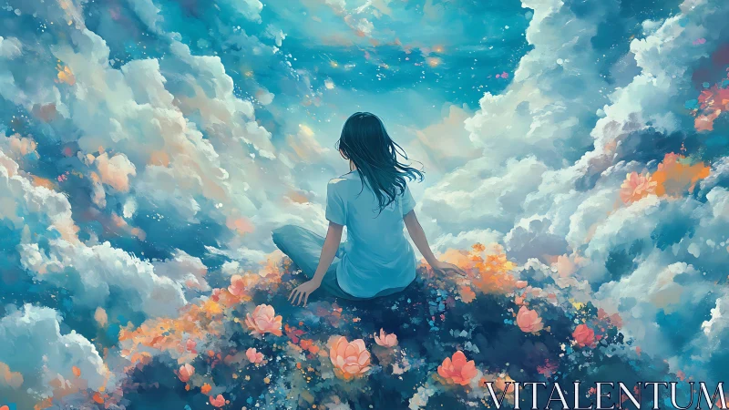 Dreamlike digital painting of girl amid clouds and florals.