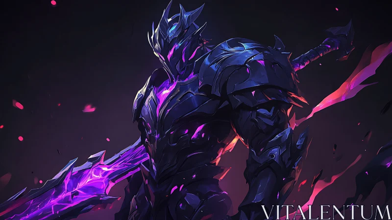 Midnight armored warrior glows with fierce violet power