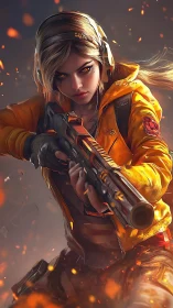 Dynamic female marksman aims shotgun amid fiery particle field