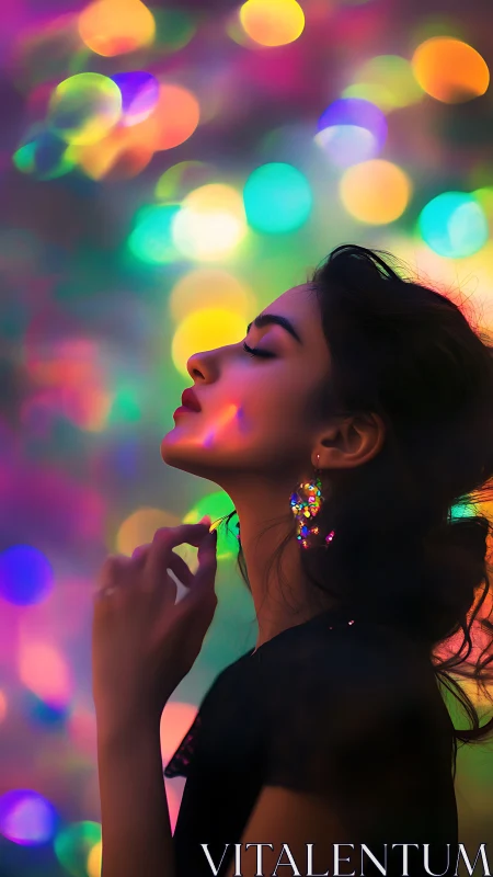 Dreamy side profile glows in soft, colorful bokeh light