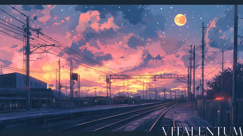 Twilight railway perspective under a luminous moonlit sky