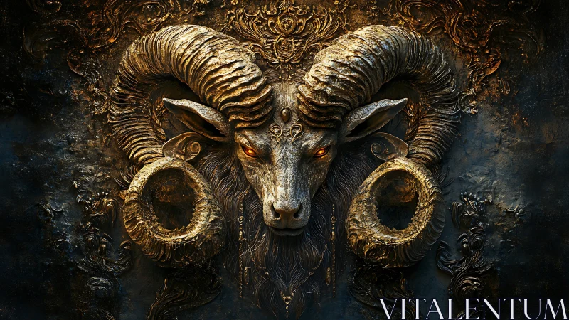 Gilded demonic ram relief glows against a dark ornate wall