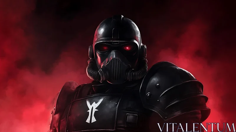 Armored sci fi soldier stands in red atmospheric backlight