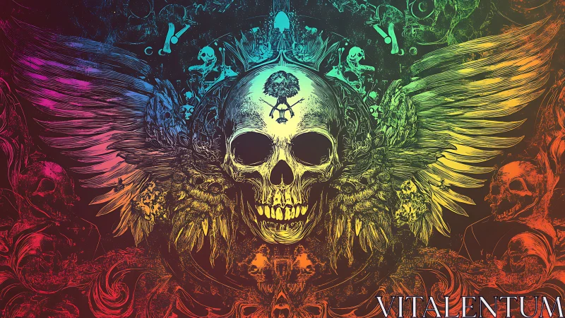 Winged rainbow skull amid intricate gothic chaos.