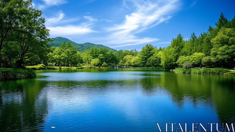 Serene forest lake under vivid blue summer sky reflection.