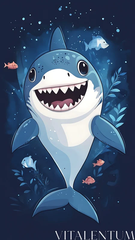 Smiling cartoon shark surrounded by small colorful fish.