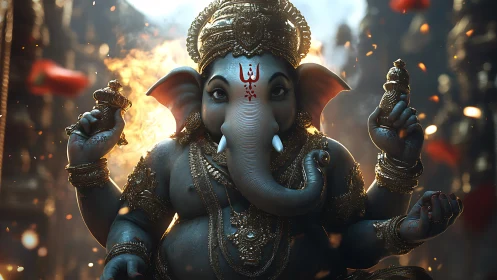Divine Ganesha idol glowing amid temple firelight scene.