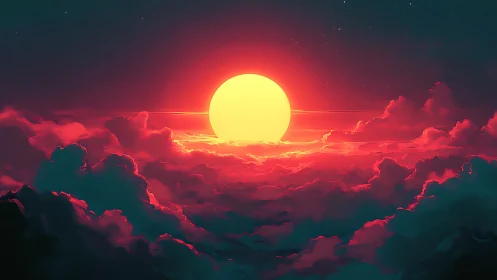 Sunset above dense clouds with vivid neon glow.