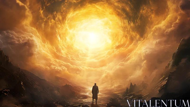 Backlit figure approaches colossal swirling golden vortex sky