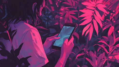 Soft neon glow surrounds a quiet moment with nature and tech.