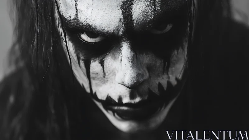 Monochrome horror portrait with high-contrast smeared facepaint.