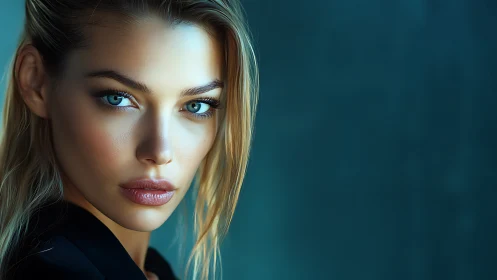 Close-up portrait of woman against teal background.