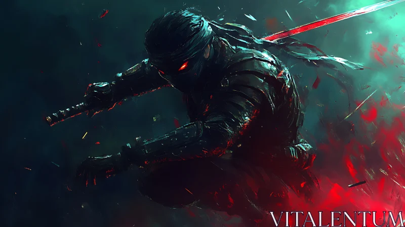 Armored figure crouches with sword amid red and teal debris