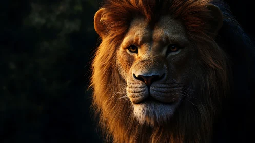 High-contrast lion portrait with directional rim lighting effect.