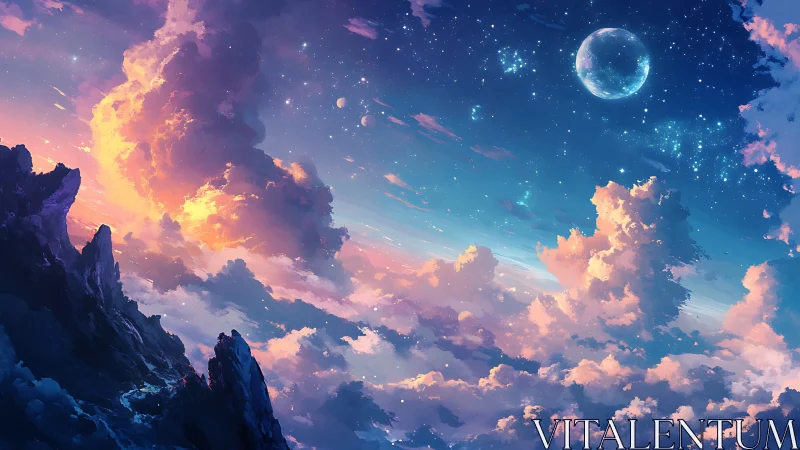 Cloud kingdoms drift toward a shimmering moonlit cosmos