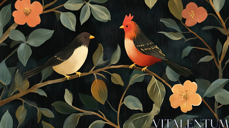 Two Colorful Birds on Branches in Vintage Botanical Art Style.