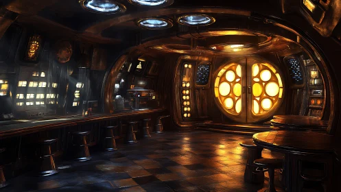 Retro sci fi bar interior with glowing circular door.