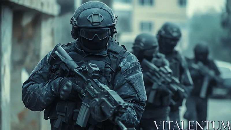 Tactical assault team advancing through urban alleyway.