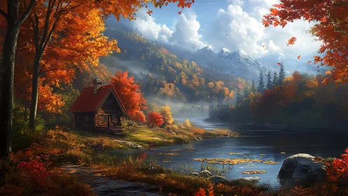 Autumn lodge nestles beside a tranquil river and misty peaks.