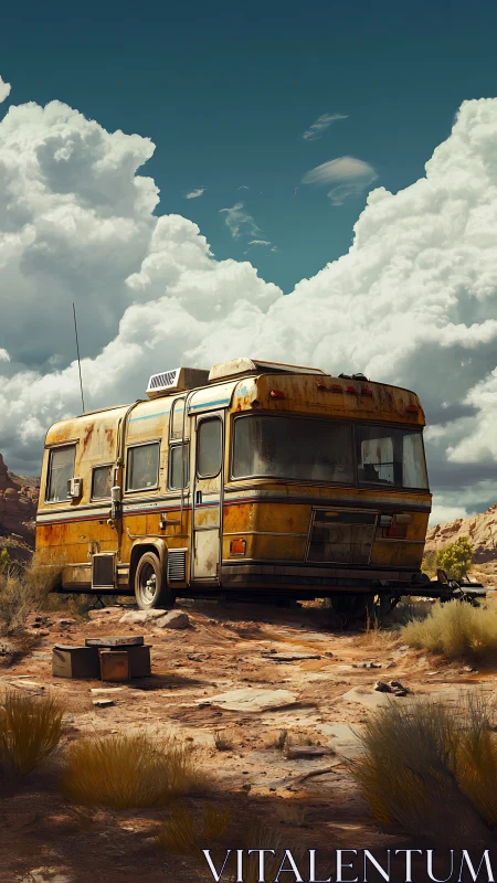 Rusty desert camper resting quietly under towering clouds.