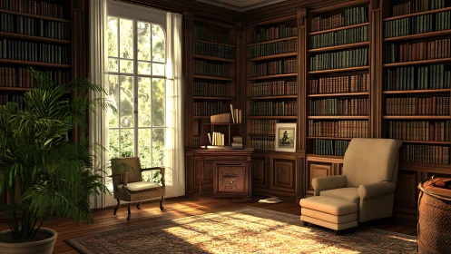 Wood paneled home library shows bookshelves, chairs and window